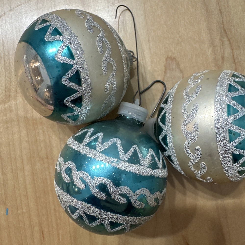 3 Vintage Shiny Brite Blue Silver Glitter Glass Christmas Ornaments MCM